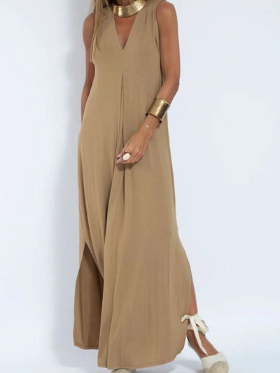 Vestido maxi sin mangas con escote en V y abertura, tallas grandes