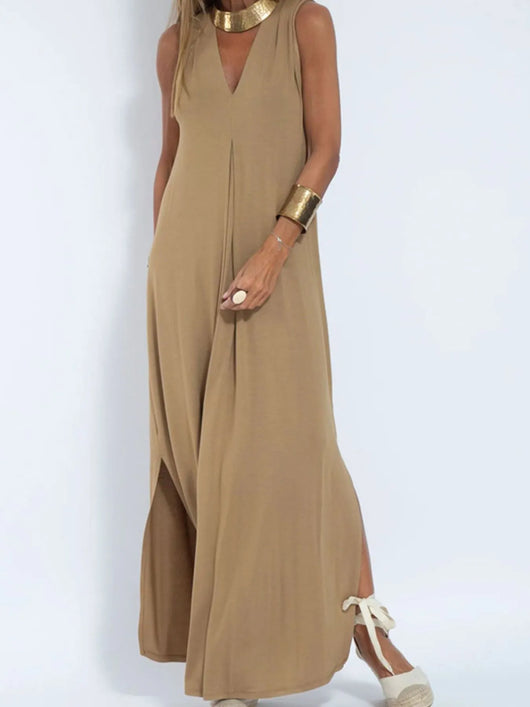 Vestido maxi sin mangas con escote en V y abertura, tallas grandes