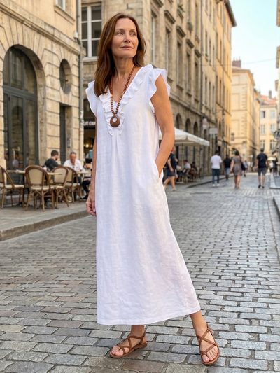 Adelaida | Vestido midi sin mangas con ribete de volantes en el cuello