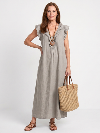 Adelaida | Vestido midi sin mangas con ribete de volantes en el cuello