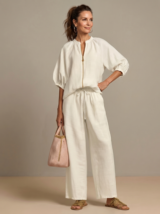 Natalia | Top blusón con cremallera frontal y conjunto de pantalones de pierna ancha