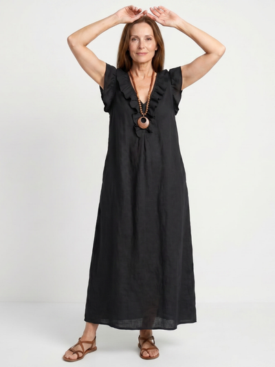 Adelaida | Vestido midi sin mangas con ribete de volantes en el cuello