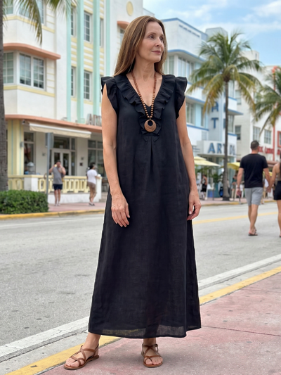 Adelaida | Vestido midi sin mangas con ribete de volantes en el cuello