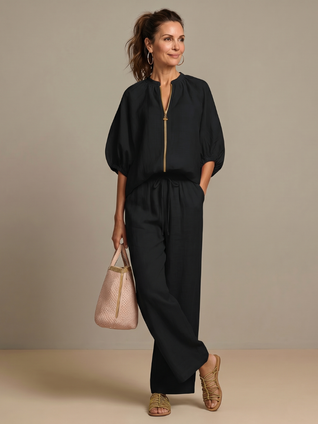 Natalia | Top blusón con cremallera frontal y conjunto de pantalones de pierna ancha