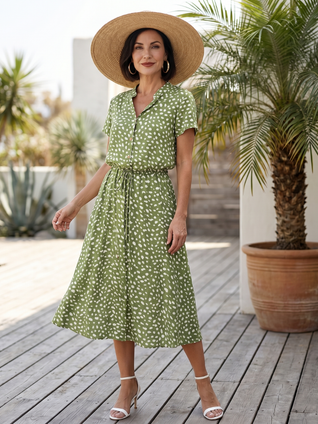 Belén | Vestido midi estampado con botones en la parte delantera y cinturón