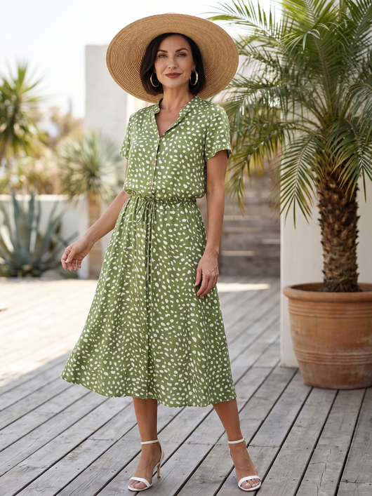 Belén | Vestido midi estampado con botones en la parte delantera y cinturón