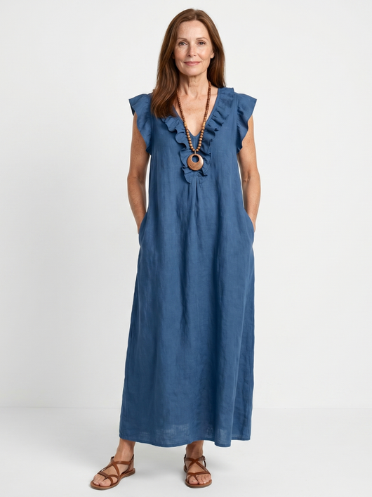 Adelaida | Vestido midi sin mangas con ribete de volantes en el cuello