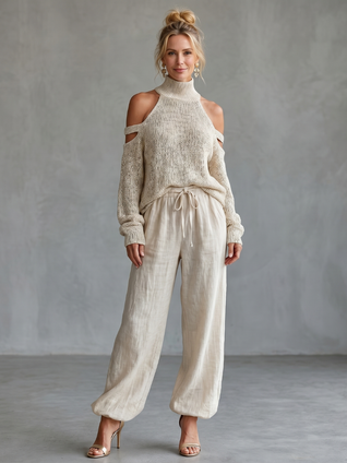 Queta | Top de punto con hombros descubiertos y pantalones de pierna ancha