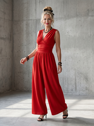 Valentina | Mono de pierna ancha con escote en V profundo y cintura definida