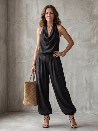 Yolanda | Conjunto de top fluido con cuello drapeado y pantalón de pierna ancha