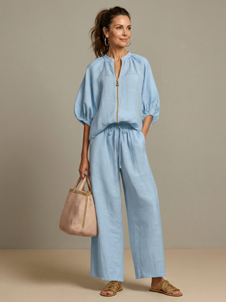 Natalia | Top blusón con cremallera frontal y conjunto de pantalones de pierna ancha