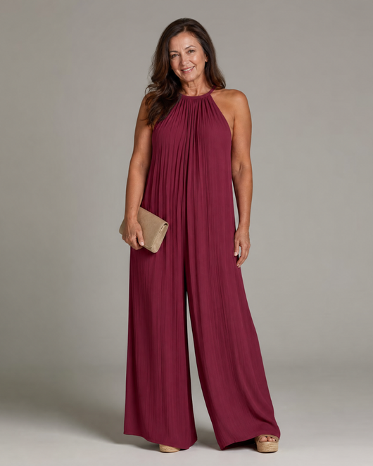 Sylvara | Mono plisado con cuello halter, de pierna ancha y corte holgado