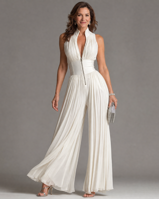 Zakira | Mono plisado de cuello halter con pierna ancha