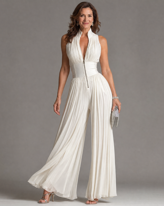 Zakira | Mono plisado de cuello halter con pierna ancha