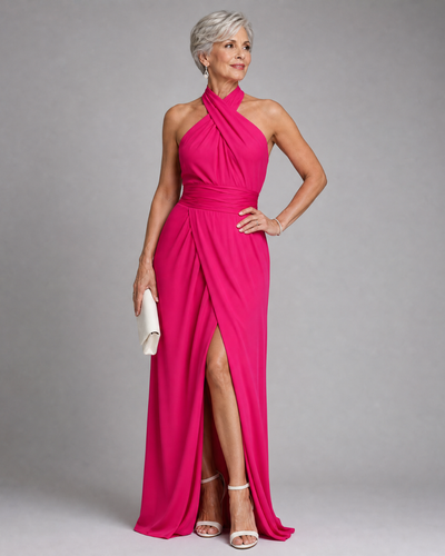 Vaelora | Vestido midi drapeado con escote halter cruzado y abertura lateral