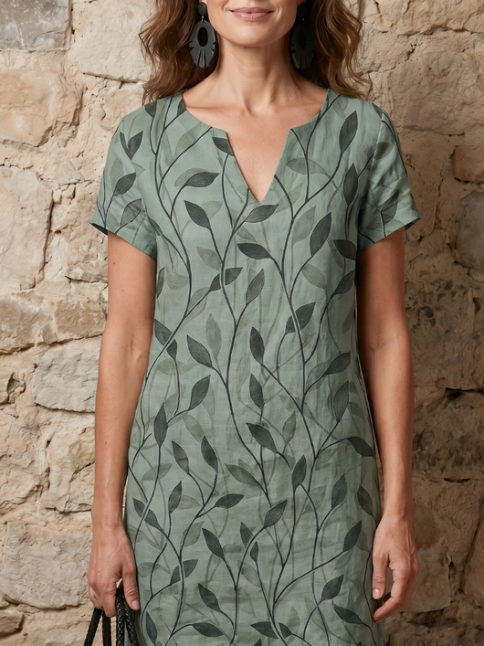Ainhoa | Vestido hasta la rodilla con estampado de hojas y escote en V
