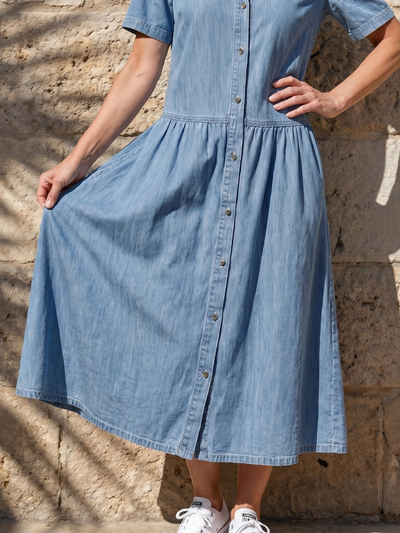 Ginebra | Vestido midi con cintura fruncida y cuello delantero