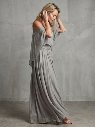 Marisol | Top con hombros descubiertos y drapeado en capas, conjunto de pantalón de pierna ancha