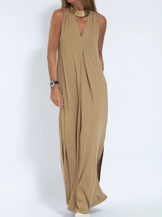 Vestido maxi sin mangas con escote en V y abertura, tallas grandes