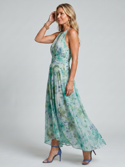 Portia | Vestido midi con cuello halter plisado y estampado floral