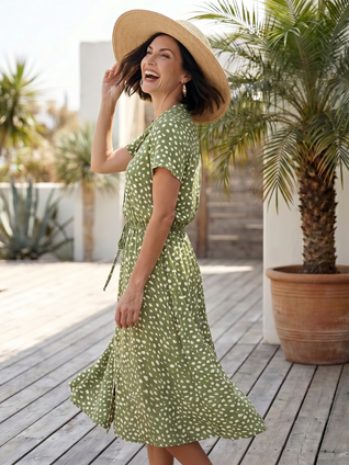 Belén | Vestido midi estampado con botones en la parte delantera y cinturón