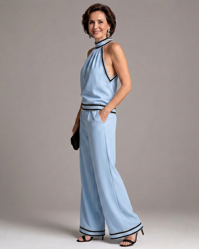 Zephyrine | Mono de pierna ancha con cuello halter y ribete en contraste