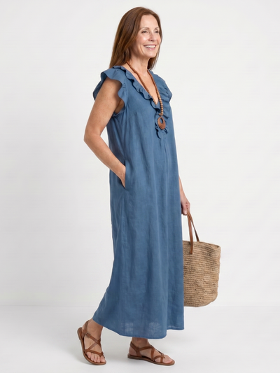 Adelaida | Vestido midi sin mangas con ribete de volantes en el cuello