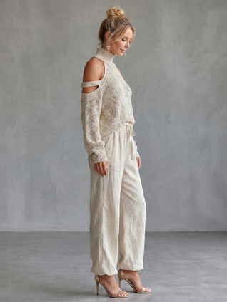 Queta | Top de punto con hombros descubiertos y pantalones de pierna ancha