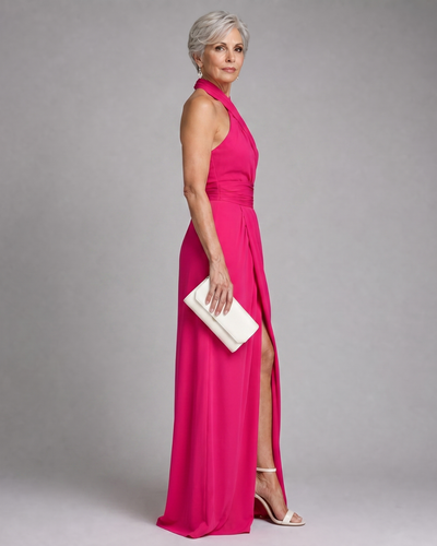 Vaelora | Vestido midi drapeado con escote halter cruzado y abertura lateral