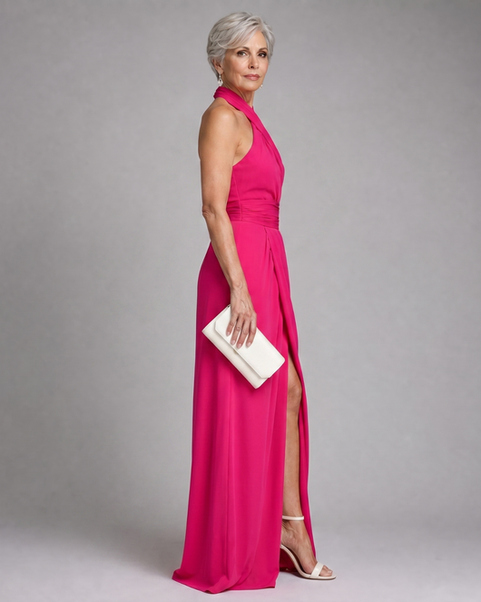 Vaelora | Vestido midi drapeado con escote halter cruzado y abertura lateral