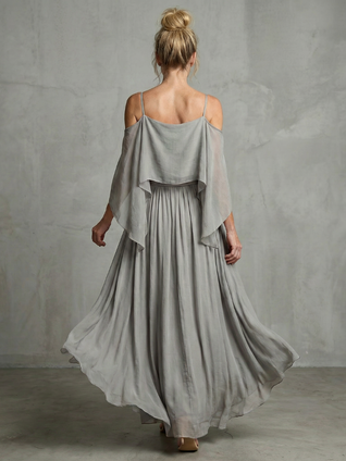 Marisol | Top con hombros descubiertos y drapeado en capas, conjunto de pantalón de pierna ancha