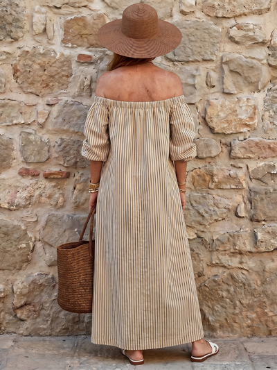 Vicky | Vestido midi de hombros descubiertos con rayas verticales