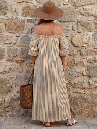 Vicky | Vestido midi de hombros descubiertos con rayas verticales