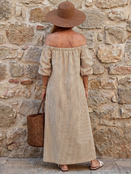 Vicky | Vestido midi de hombros descubiertos con rayas verticales