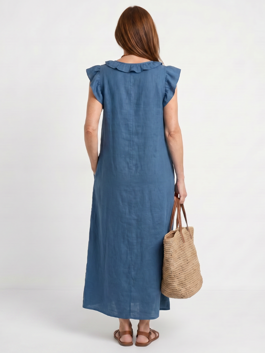 Adelaida | Vestido midi sin mangas con ribete de volantes en el cuello