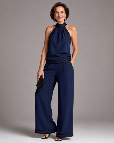 Zephyrine | Mono de pierna ancha con cuello halter y ribete en contraste