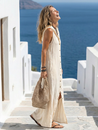 Mariana | Vestido maxi sin mangas con capucha y botones frontales