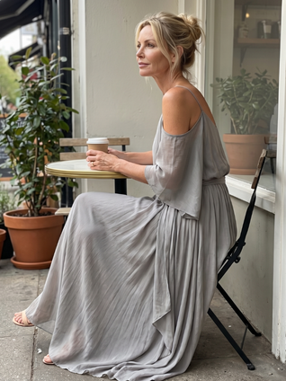 Marisol | Top con hombros descubiertos y drapeado en capas, conjunto de pantalón de pierna ancha