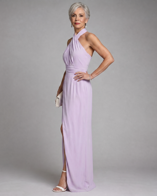 Vaelora | Vestido midi drapeado con escote halter cruzado y abertura lateral