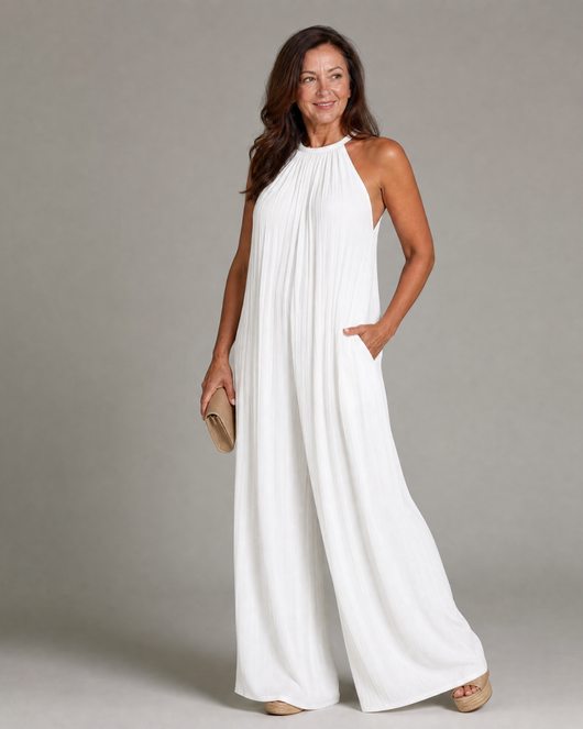 Sylvara | Mono plisado con cuello halter, de pierna ancha y corte holgado