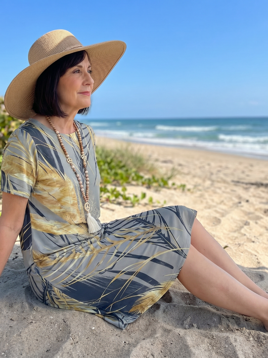 Vana | Vestido midi de cuello redondo con estampado de plantas