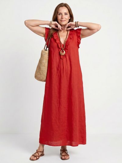Adelaida | Vestido midi sin mangas con ribete de volantes en el cuello