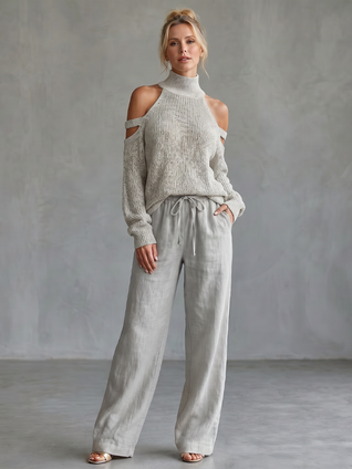 Queta | Top de punto con hombros descubiertos y pantalones de pierna ancha