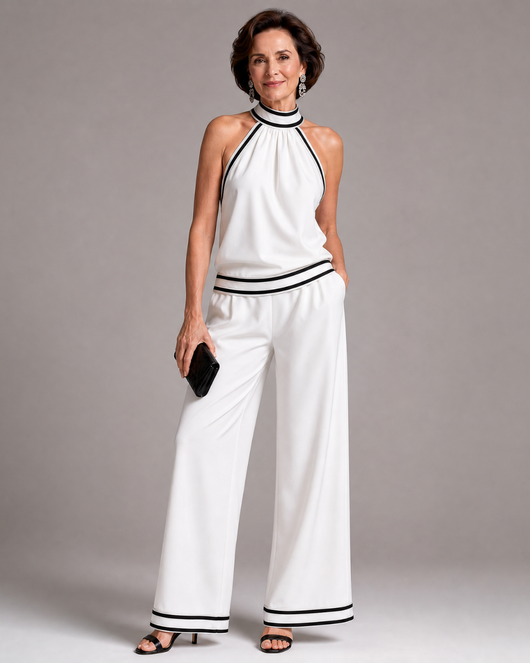 Zephyrine | Mono de pierna ancha con cuello halter y ribete en contraste