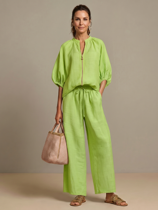 Natalia | Top blusón con cremallera frontal y conjunto de pantalones de pierna ancha