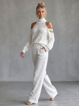 Queta | Top de punto con hombros descubiertos y pantalones de pierna ancha