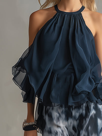 Ludovica - Elegante conjunto de gasa con top de cuello alto y pantalones anchos estampados
