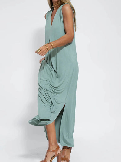 Vestido maxi sin mangas con escote en V y abertura, tallas grandes