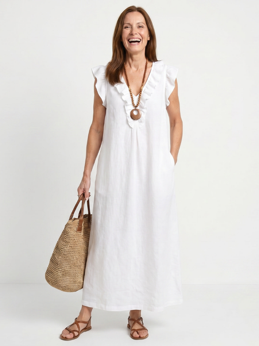 Adelaida | Vestido midi sin mangas con ribete de volantes en el cuello