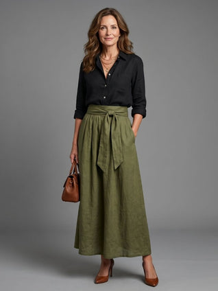 Vera | Conjunto de dos piezas con blusa negra y falda midi verde oliva